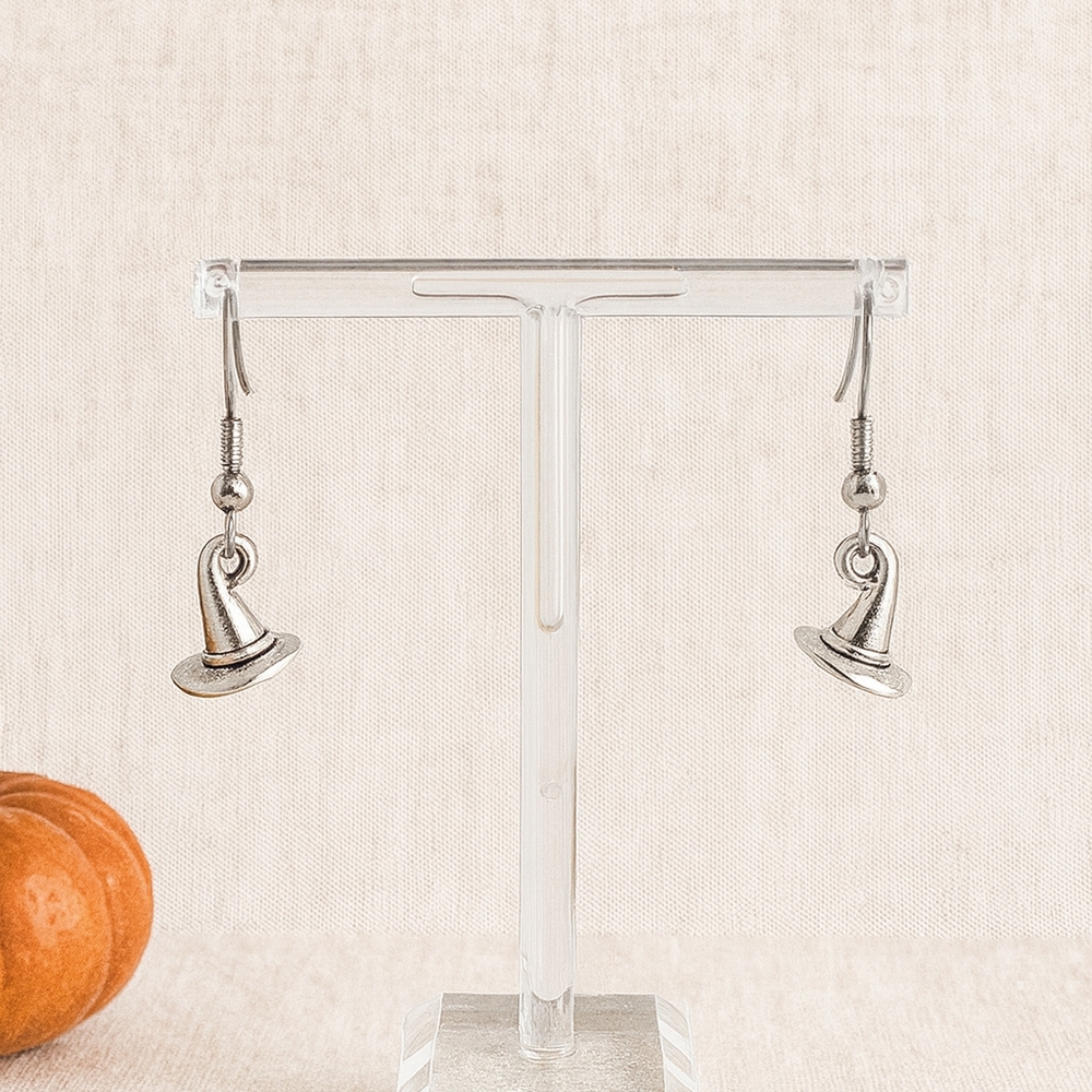 Platinum Tone Witch Hat Dangle Earrings